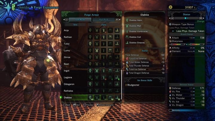 Diablos Armor - stats and resistances - Armors - Low Rank in Monster Hunter World - Workshop - Monster Hunter World Game Guide