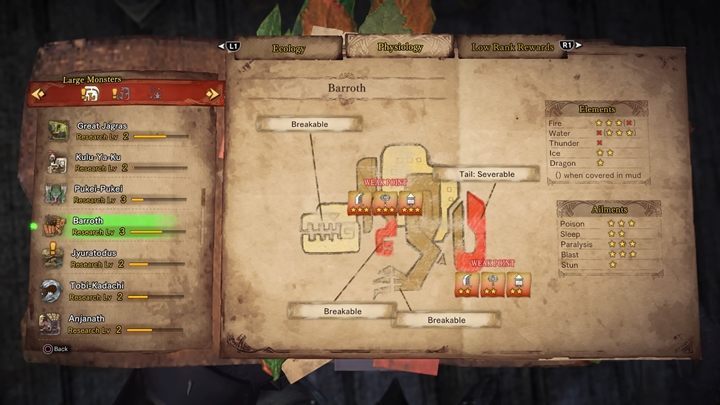 As for its weak points, you should focus on attacking the following spots - Barroth - tactics, resistance & weak points - Large Monsters - Monster Hunter World Game Guide