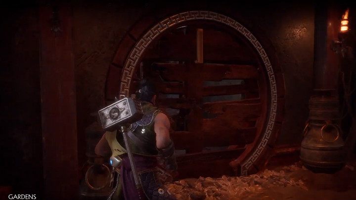 Go towards the small bridge and continue your journey until you reach the round door barricades with boards (coordinates 4993, 3577) - Krypt - riddles, puzzles and secrets - Game modes - Mortal Kombat 11 Guide and Tips