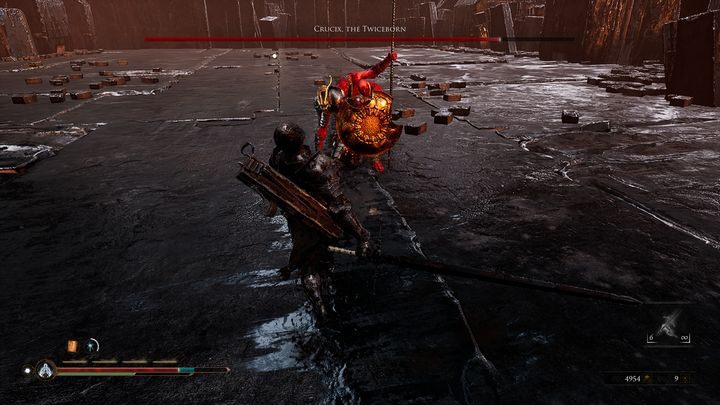 Crucix also has a 3-hit combo, which consists in attacking once with a spear, then with an axe, and then attacking with a spear after a short while, performing a stab towards you - Mortal Shell: Crucix, the Twiceborn boss, how to beat, walkthrough - Bosses - Mortal Shell Guide, Walkthrough