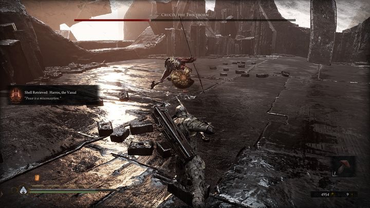 When the boss has 25% health, he gains a new attack, which consists in jumping high up in the air and performing two quick shots towards you - Mortal Shell: Crucix, the Twiceborn boss, how to beat, walkthrough - Bosses - Mortal Shell Guide, Walkthrough