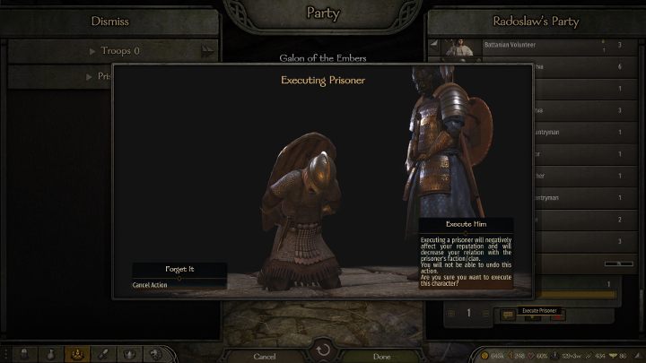 Lords can be killed while you check the party window. - M&B 2 Bannerlord: How to execute of the lord, what are the consequences? - FAQ - Mount and Blade 2 Bannerlord Guide