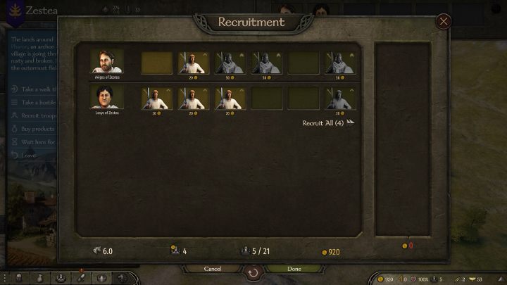 The recruitment window shows the volunteers from a given location. - Mount and Blade 2 Bannerlord: How to recruit soldiers? - FAQ - Mount and Blade 2 Bannerlord Guide
