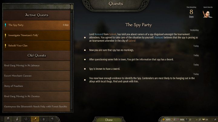 You need to get three clues. - Mount and Blade 2 Bannerlord: How to find a spy in The Spy Party Mission? - FAQ - Mount and Blade 2 Bannerlord Guide