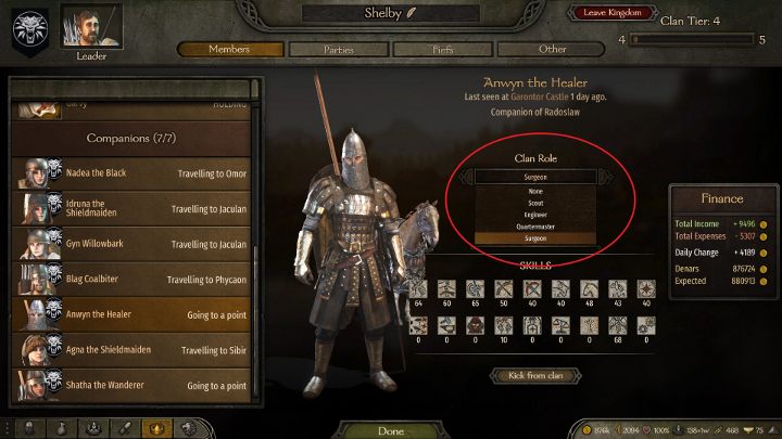 You can change clan roles in the Members tab by clicking on the selected clan member. - Mount and Blade 2 Bannerlord: Clan - recruiting members, clan roles - Basics - Mount and Blade 2 Bannerlord Guide