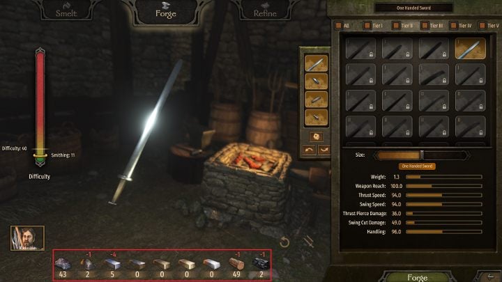 The materials required to create a specific weapon can be found at the bottom of the screen. - Mount and Blade 2 Bannerlord: Smithing - crafting, obtaining materials - Basics - Mount and Blade 2 Bannerlord Guide