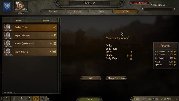 You can change the production type in your clans window by selecting the Other tab. - Mount and Blade 2 Bannerlord: How to buy workshop? - FAQ - Mount and Blade 2 Bannerlord Guide