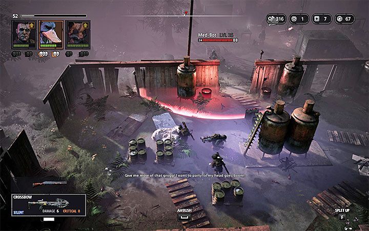 The barn area is patrolled by a Med-bot - consider destroying it at the beginning of the battle, so youll have one less opponent to worry about during the actual combat with the ghuls - The Grogg Den | Mutant Year Zero Road to Eden World Atlas - World Atlas - Mutant Year Zero Road to Eden Guide