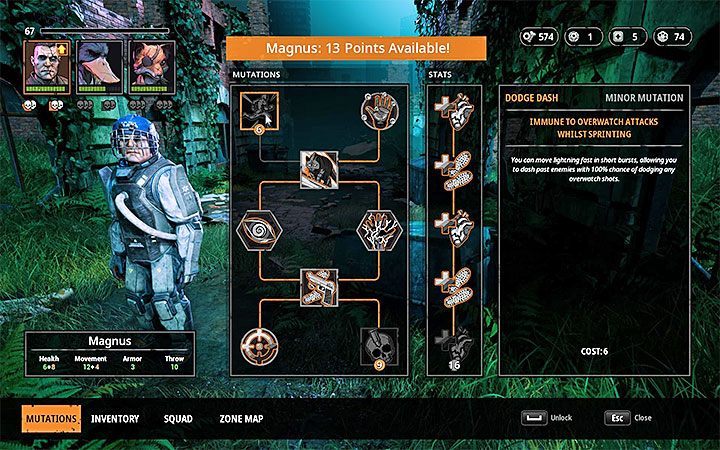 You can spend skill points on mutations (each character has 8 available mutations) and permanent stat bonuses - Character development and gear selection in Mutant Year Zero Road to Eden - Basics - Mutant Year Zero Road to Eden Guide