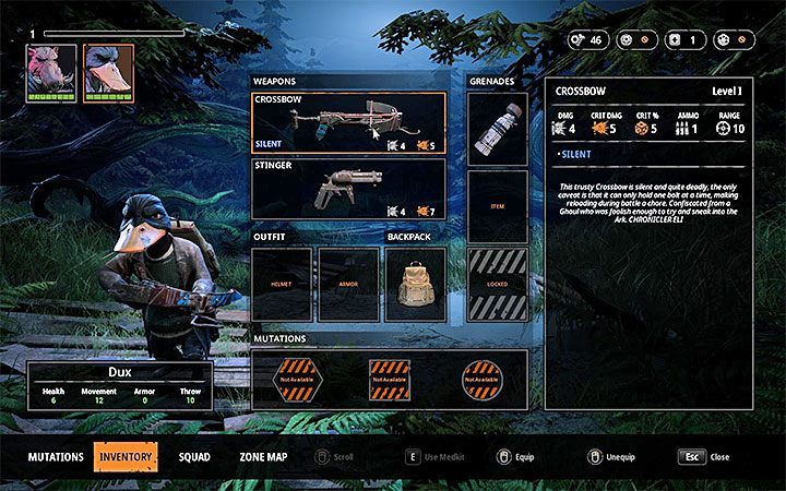 The first Crossbow has been in Duxs inventory since the beginning of the game - How to get silent weapons in Mutant Year Zero? - FAQ - Mutant Year Zero Road to Eden Guide