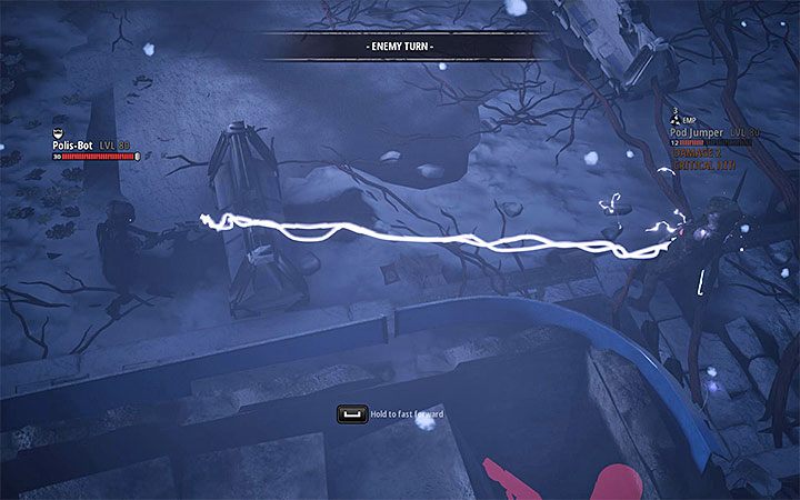 Polis-Bot and Polis-Bot Enforcer are on the opposite sides of the battlefield - The Frozen City | World Atlas and walkthrough for Mutant Seed of Evil DLC - World Atlas - Mutant Year Zero Road to Eden Guide