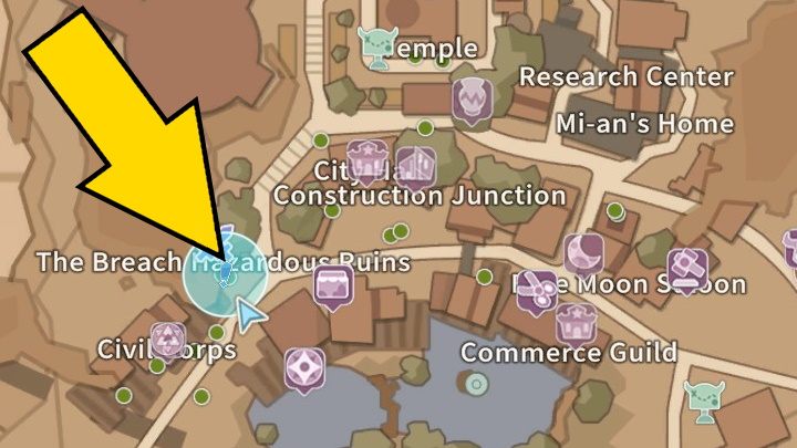 Once you've fulfilled the requirements, head to the area around the entrance to The Breach in the western part of the city, right next to Civil Corps, to listen in on Justice and Grace's conversation - My Time at Sandrock: Once More Into the Breach - walkthrough, solution - Side missions - My Time at Sandrock Guide, Walkthrough