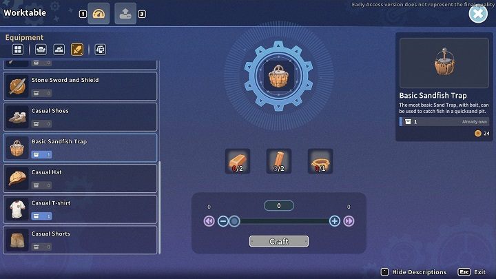 The Basic Sandfish Trap can be crafted using the Worktable in your workshop - My Time at Sandrock: World of Sandfishing - walkthrough - Side missions - My Time at Sandrock Guide, Walkthrough
