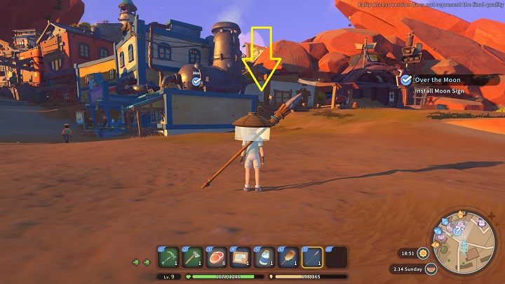 Once you've dealt with the roosters, pick up the yellow and blue sign and head back to the Blue Moon Saloon - My Time at Sandrock: Over the Moon - walkthrough - Side missions - My Time at Sandrock Guide, Walkthrough