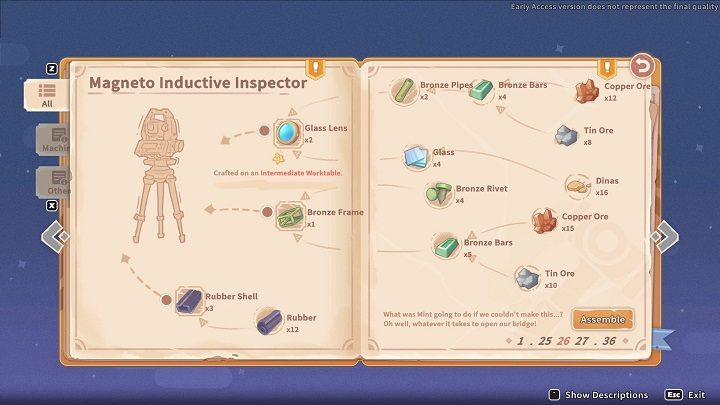 Approach the Assemby Station and select the Magneto Inductive Inspector diagram - My Time at Sandrock: Mint Condition - walkthrough - Main missions - My Time at Sandrock Guide, Walkthrough