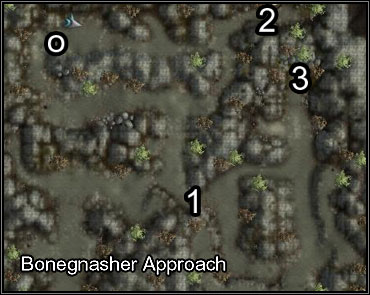 In order to gain access to Bonegnasher Lair (3), you have to get through the blocked passage (1) - Bonegnasher Clan - Old Owl Well - Neverwinter Nights 2 - Game Guide and Walkthrough