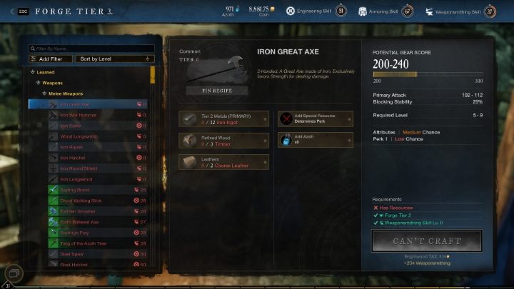 A way to level up Weaponsmithing in New World fast is creating Weak Honing Stones available at Level 20 and Iron Great Axes - New World: Weaponsmithing - crafting - Crafting - New World Guide