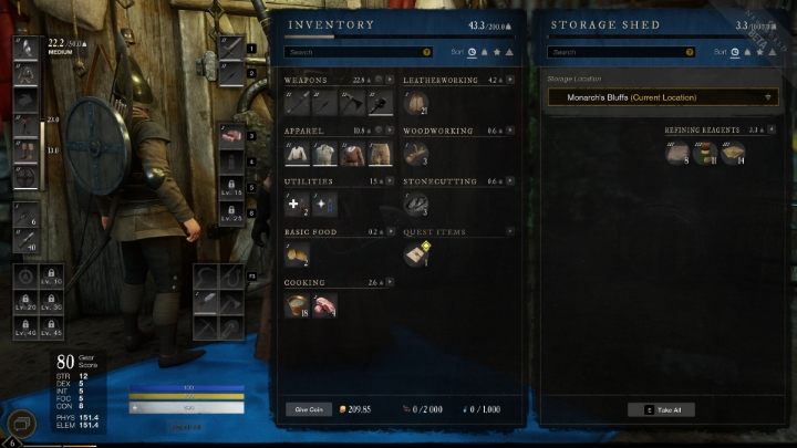 This opens the Storage Shed menu where you can move items - New World: Storage Shed - where is it? - FAQ - New World Guide