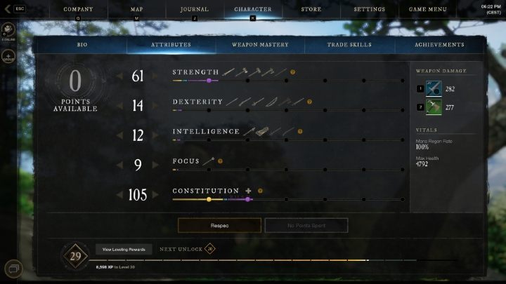 Every time you level up, you get 3 points that can be assigned to 5 attributes - New World: Character development - Basics - New World Guide