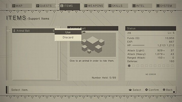Have at least 1 bait and go to a place where you can encounter wild animals - NieR Automata: Animals - how to tame? - FAQ - NieR Automata Guide