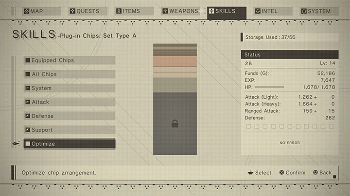 If you have problems placing the bar in an empty space, use the Optimize option to sort the installed chips and make it easier for you to install more - NieR Automata: Chips - how to install? - FAQ - NieR Automata Guide