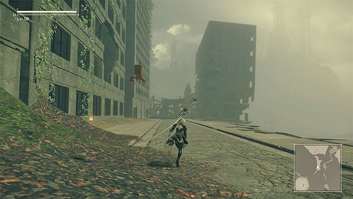 After you resume the game at the Access Point, this time choose the correct right path to return to the City Ruins, and you will see a massive invasion of enemy machines, including a Goliath - NieR Automata: Chapter 5, Route A - walkthrough - Route A - NieR Automata Guide
