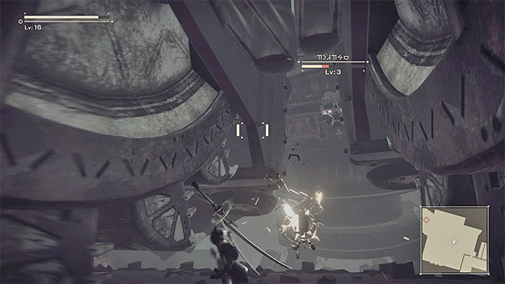 This Goliath, just like the previous one, can hit you with its upper limbs ended with working saws - NieR Automata: Chapter 5, Route A - walkthrough - Route A - NieR Automata Guide