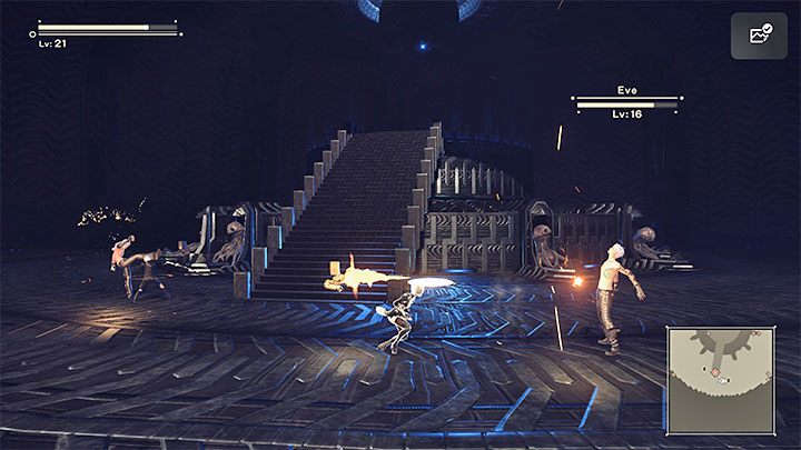 To attack Eve, you can use ranged weapons (be sure to use the Pod program as well) and close-combat weapons - NieR Automata: Chapter 5, Route A - walkthrough - Route A - NieR Automata Guide