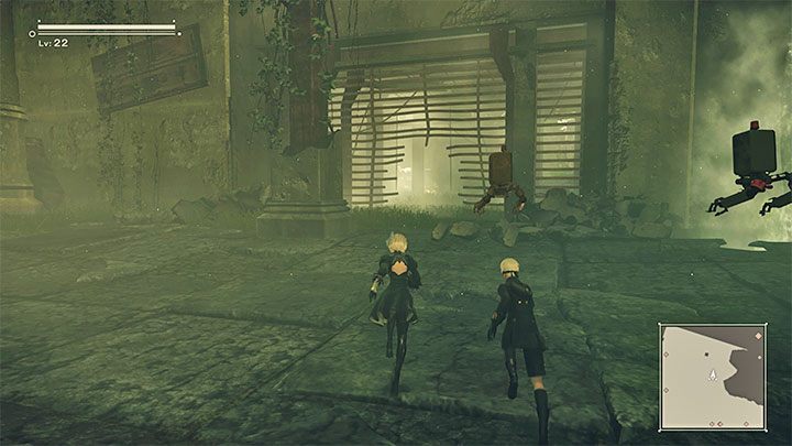 After winning the fight, a will watch a cut-scene involving the head of the machine, which will roll towards the barricaded passage and explode - NieR Automata: Chapter 6, Route A - walkthrough - Route A - NieR Automata Guide