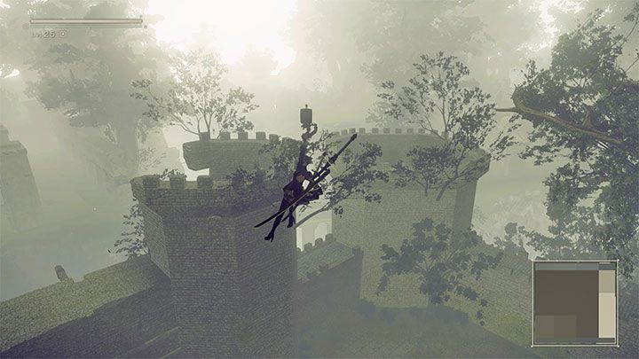 You can run to the left and perform a long jump, but do not forget to hold down the jump button to activate the glide - NieR Automata: Chapter 6, Route A - walkthrough - Route A - NieR Automata Guide