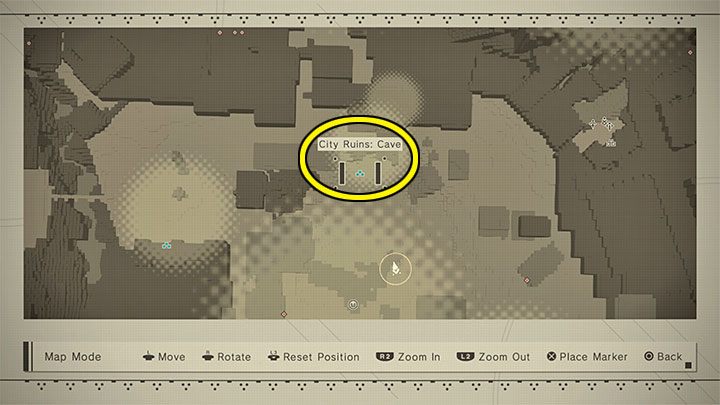 Return to the crater in the ruins of the city, that is the place where the Access Point is located - City Ruins: Cave - NieR Automata: Chapter 8, Route A - walkthrough - Route A - NieR Automata Guide