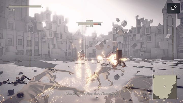 One of Adam's most commonly used skills is hiding behind a wall made out of blocks - NieR Automata: Chapter 8, Route A - walkthrough - Route A - NieR Automata Guide