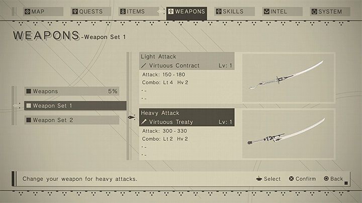 You can view and set weapons as active in the Weapons tab - NieR Automata: Combat - Basics - NieR Automata Guide