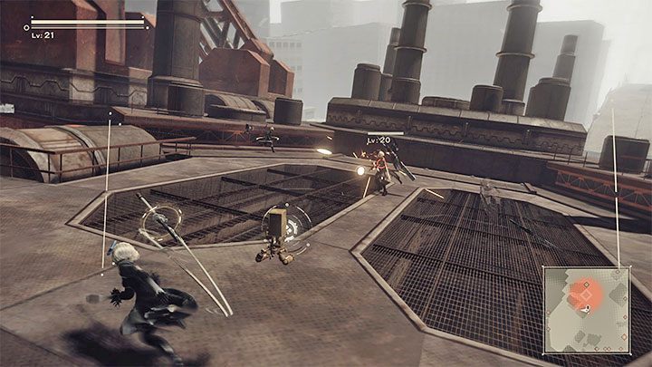 The camera lock-on mechanism can make attacking selected single enemies much easier - NieR Automata: Combat - Basics - NieR Automata Guide