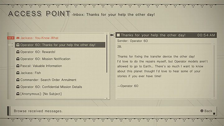 Quest giver: Reading an email (Desert Zone) - NieR Automata: Desert Zone - walkthrough, side quests - Side missions - NieR Automata Guide