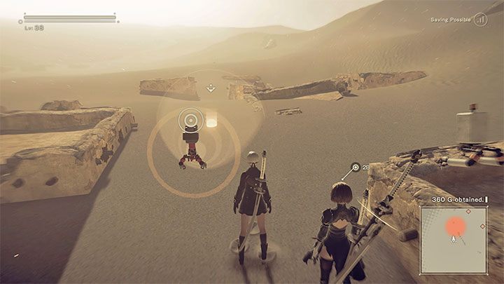 Quest description: You must equip a scanner which is unlocked when you advance to Chapter 8, because you will use it to find buried objects - you need to scan the area (hold L1 when you select this Pod program) in different places in the desert - NieR Automata: Desert Zone - walkthrough, side quests - Side missions - NieR Automata Guide
