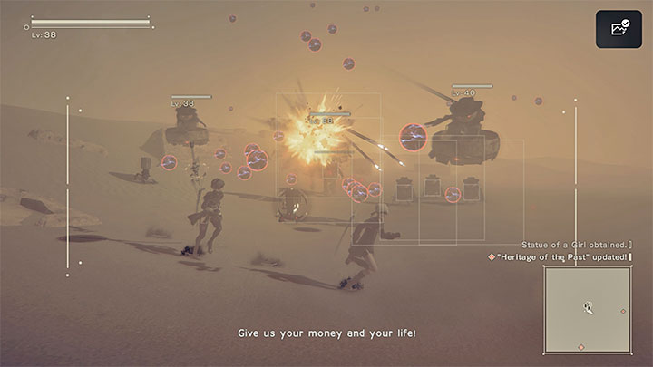 Expect that taking the fourth artifact will make a group of machines in cowboy hats appear - NieR Automata: Desert Zone - walkthrough, side quests - Side missions - NieR Automata Guide