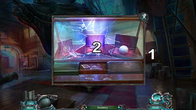 Approach the cabinet from, which you collected the keys, again[1] and fish for the artifact behind the smashed glass[2], which you need to put inside the packet - Chapter 1: An Unexpected Guest | Walkthrough - Walkthrough - Nightmares from the Deep: The Sirens Call Game Guide & Walkthrough