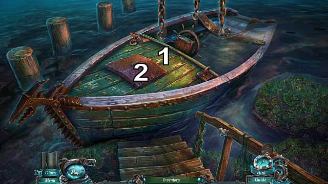 Remove the blanket from the boat [1], open the door [2], collect the sea horses and the circle half - Chapter 2: Boats Away | Walkthrough - Walkthrough - Nightmares from the Deep: The Sirens Call Game Guide & Walkthrough