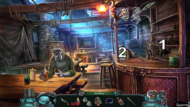 Return to the tavern and approach the counter [1], to activate a Hidden Object Puzzle - Chapter 4: The Labyrinth | Walkthrough - Walkthrough - Nightmares from the Deep: The Sirens Call Game Guide & Walkthrough