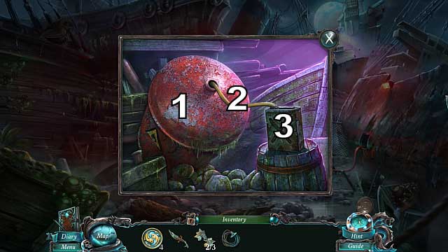 Approach the fuel can [1] and use the corkscrew to open it - Chapter 5: The Shipwreck cemetery | Walkthrough - Walkthrough - Nightmares from the Deep: The Sirens Call Game Guide & Walkthrough