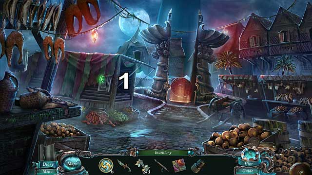 Return to Fountain, and approach the stall [1] to finish the HOP - Chapter 5: The Shipwreck cemetery | Walkthrough - Walkthrough - Nightmares from the Deep: The Sirens Call Game Guide & Walkthrough