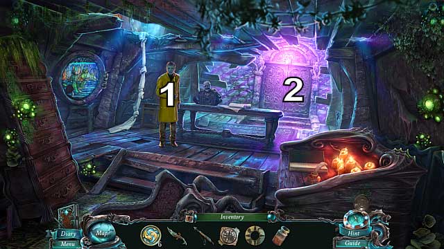 Go to the captains cabin and talk to the Fisherman [1], then approach the door [2] - Chapter 5: The Shipwreck cemetery | Walkthrough - Walkthrough - Nightmares from the Deep: The Sirens Call Game Guide & Walkthrough
