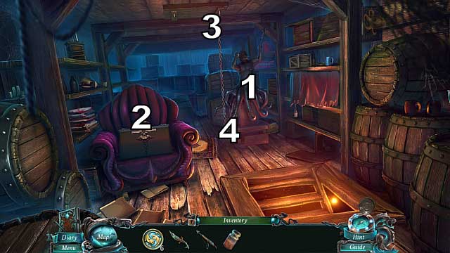 Remove the blanket [1] and use the chain on the statuette - Chapter 6: The Lighthouse | Walkthrough - Walkthrough - Nightmares from the Deep: The Sirens Call Game Guide & Walkthrough