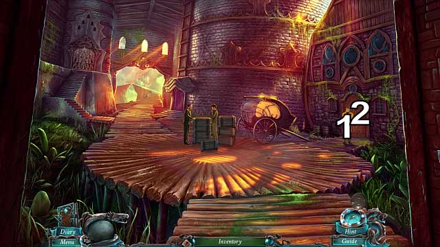 Again, talk to the fisherman [1] and use the key that you receive to open the door [2] - The Book of Davy Jones (bonus adventure) | Walkthrough - Walkthrough - Nightmares from the Deep: The Sirens Call Game Guide & Walkthrough