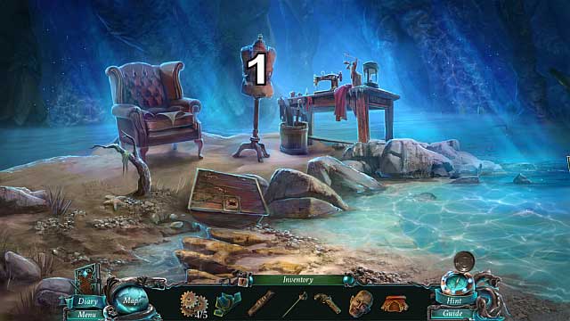 Approach the mannequin [1] and dress it (mannequin head => pirate hat => coat => belt => flintlock pistol => rapier) - The Book of Davy Jones (bonus adventure) | Walkthrough - Walkthrough - Nightmares from the Deep: The Sirens Call Game Guide & Walkthrough