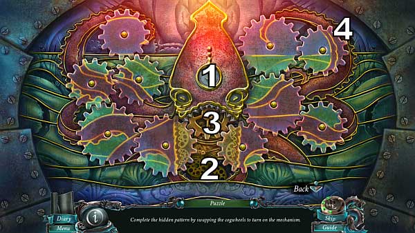 Press the button [1] use the mechanism [2] and the gear [3] - Chapter 2 | Puzzles - Puzzles - Nightmares from the Deep: The Sirens Call Game Guide & Walkthrough