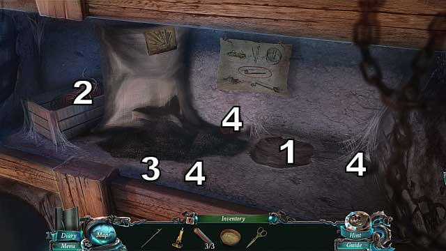 Put the bowl of glue in [1] and use the scissors to cut through ropes [2] - Bonus Chapter | Puzzles - Puzzles - Nightmares from the Deep: The Sirens Call Game Guide & Walkthrough