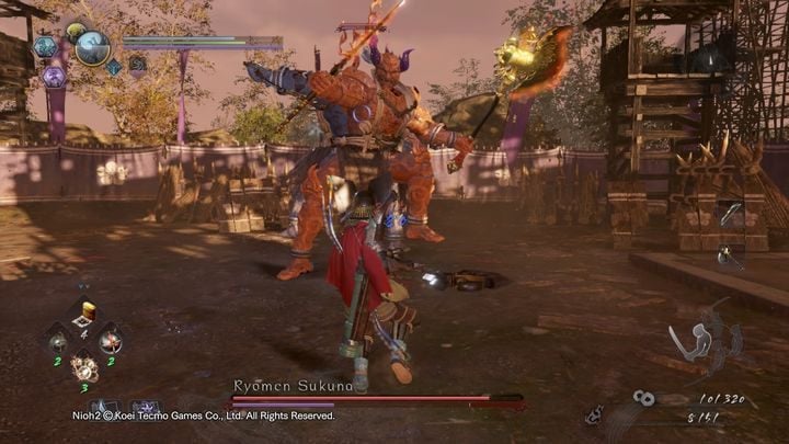 Ryomen Sukuna (orange) can also use Burst Attack during which the boss starts to spin around its own axis at high speed - NiOh 2: Ryomen Sukuna boss fight - Bosses - NiOh 2 Guide