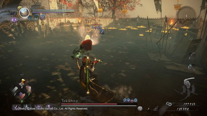 In addition to basic attacks for dual swords and a single sword, Tokichiro can summon his guardian spirit, a monkey - NiOh 2: Tokichiro boss fight - Bosses - NiOh 2 Guide